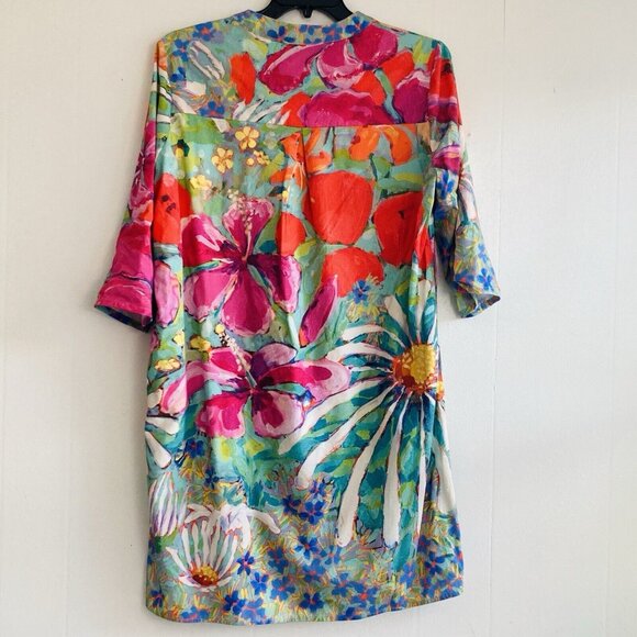 CLAIRE DESJARDINS Shirt Dress Tab Sleeve Abstract Floral Popover Bamboo Blend XL - Picture 3 of 14